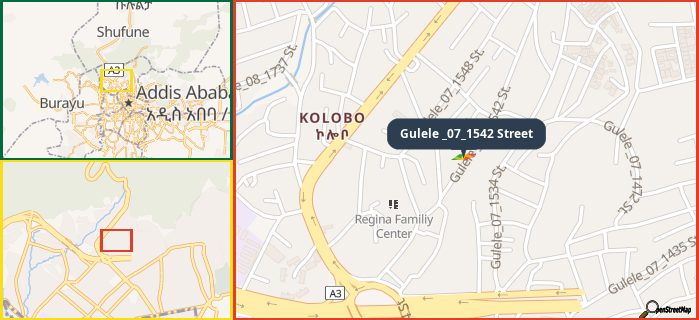 Map showing the address of Gulele _07_1542 Street in three different zoom levels.
