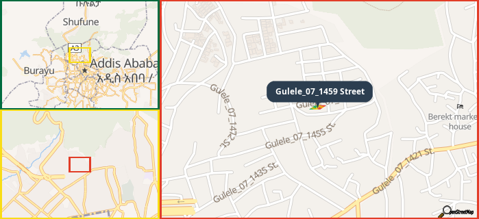 Map showing the address of Gulele_07_1459 Street in three different zoom levels.