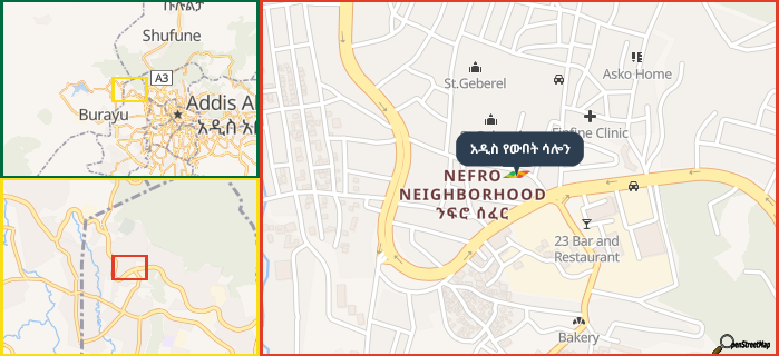 Map showing the address of አዲስ የውበት ሳሎን in three different zoom levels.