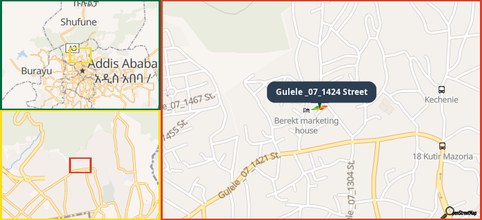 Map showing the address of Gulele _07_1424 Street in three different zoom levels.
