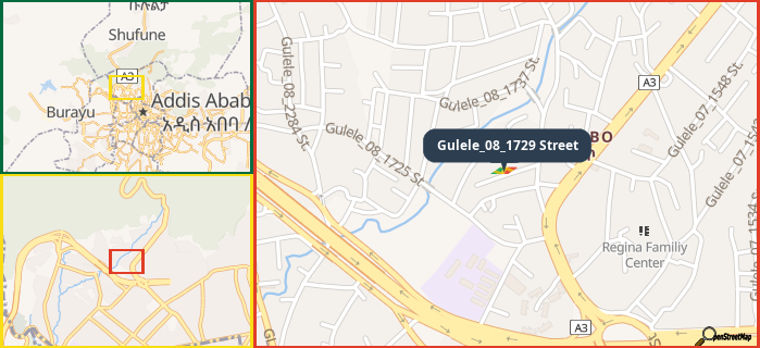 Map showing the address of Gulele_08_1729 Street in three different zoom levels.