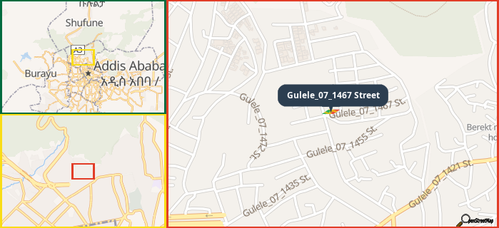 Map showing the address of Gulele_07_1467 Street in three different zoom levels.