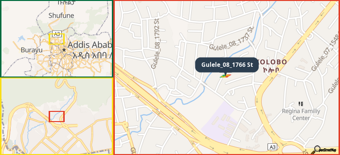 Map showing the address of Gulele_08_1766 St in three different zoom levels.