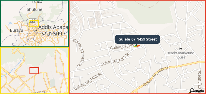 Map showing the address of Gulele_07_1459 Street in three different zoom levels.