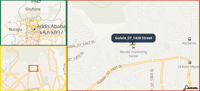 Map showing the address of Gulele_07_1428 Street in three different zoom levels.