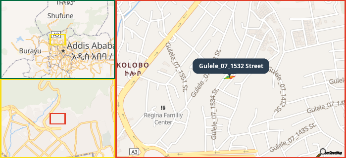 Map showing the address of Gulele_07_1532 Street in three different zoom levels.