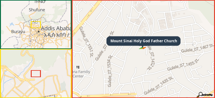 Map showing the address of Mount Sinai Holy God Father Church in three different zoom levels.