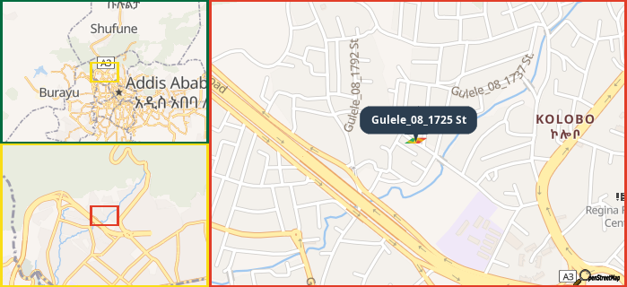 Map showing the address of Gulele_08_1725 St in three different zoom levels.