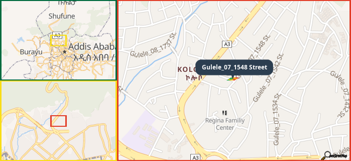 Map showing the address of Gulele_07_1548 Street in three different zoom levels.