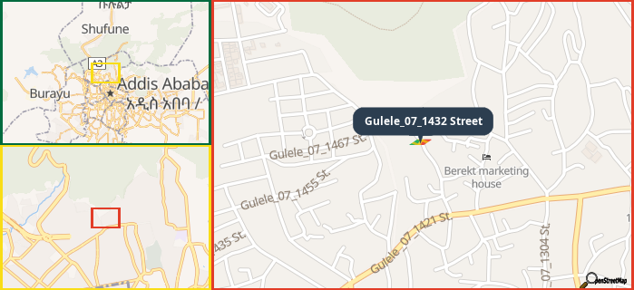 Map showing the address of Gulele_07_1432 Street in three different zoom levels.