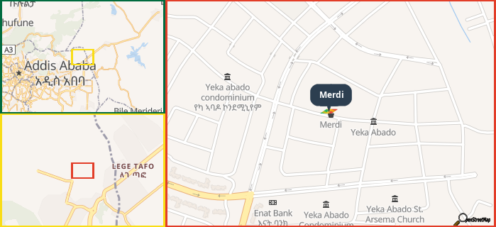 Map showing the address of Merdi in three different zoom levels.