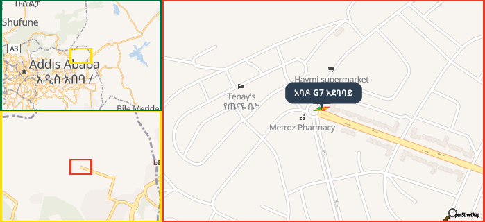 Map showing the address of አባዶ G7 አደባባይ in three different zoom levels.