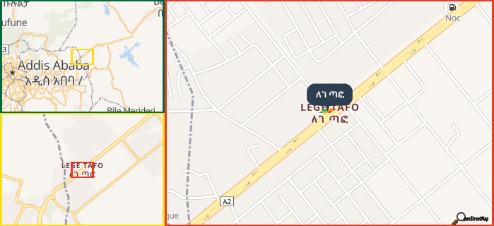 Map showing the address of ለገ ጣፎ in three different zoom levels.