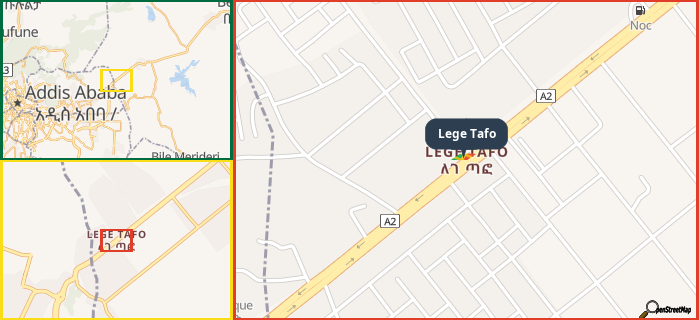 Map showing the address of Lege Tafo in three different zoom levels.