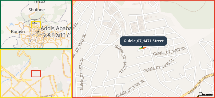 Map showing the address of Gulele_07_1471 Street in three different zoom levels.