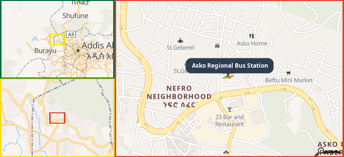 Map showing the address of Asko Regional Bus Station in three different zoom levels.