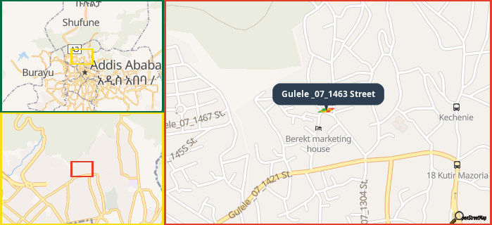 Map showing the address of Gulele _07_1463 Street in three different zoom levels.