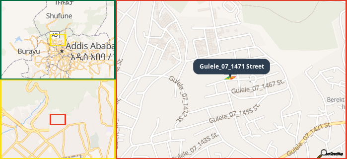 Map showing the address of Gulele_07_1471 Street in three different zoom levels.