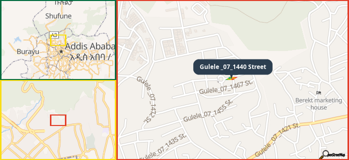Map showing the address of Gulele _07_1440 Street in three different zoom levels.