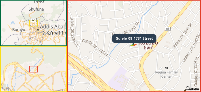 Map showing the address of Gulele_08_1731 Street in three different zoom levels.