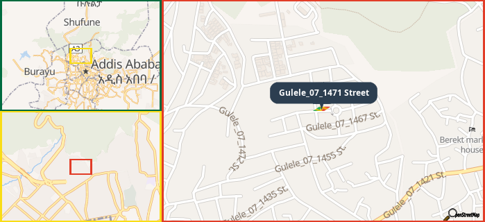 Map showing the address of Gulele_07_1471 Street in three different zoom levels.