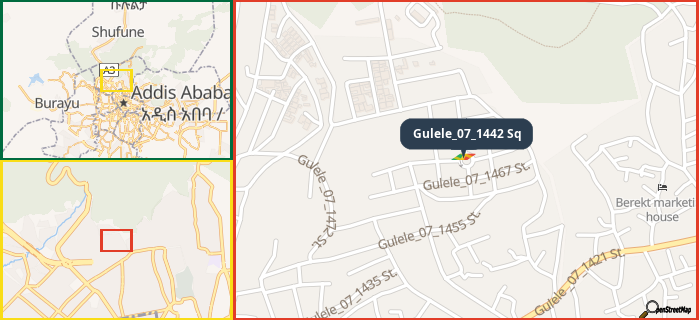 Map showing the address of Gulele_07_1442 Sq in three different zoom levels.