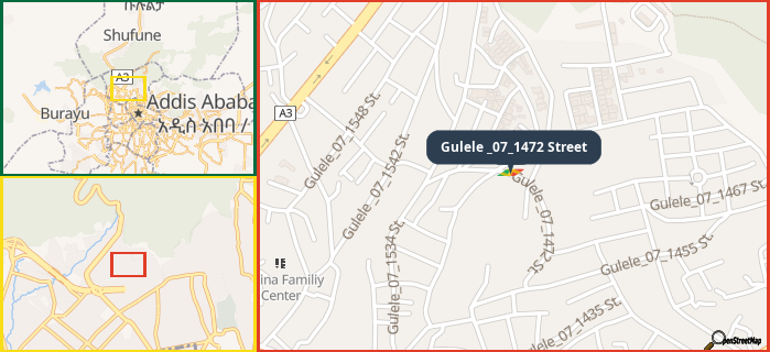 Map showing the address of Gulele _07_1472 Street in three different zoom levels.