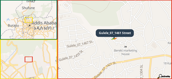 Map showing the address of Gulele_07_1461 Street in three different zoom levels.