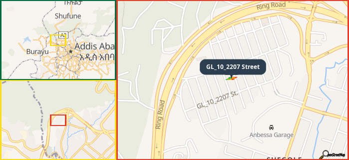 Map showing the address of GL_10_2207 Street in three different zoom levels.