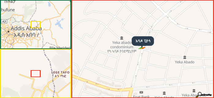 Map showing the address of አባዶ ፒያሳ in three different zoom levels.