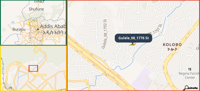 Map showing the address of Gulele_08_1776 St in three different zoom levels.