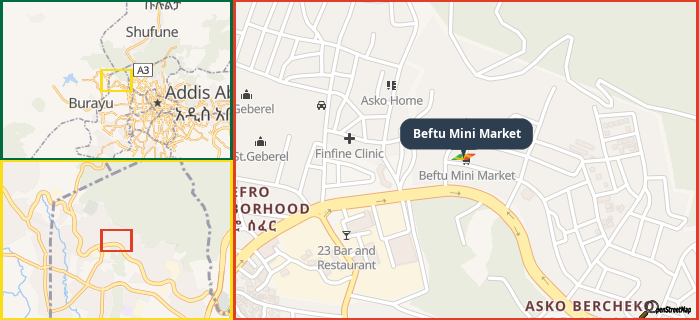 Map showing the address of Beftu Mini Market in three different zoom levels.