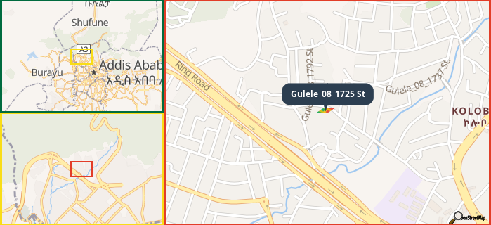 Map showing the address of Gulele_08_1725 St in three different zoom levels.