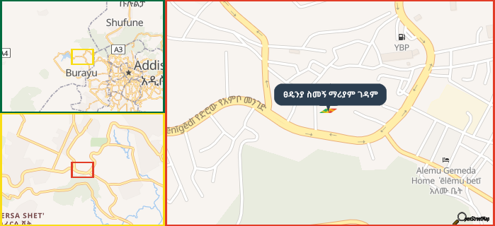 Map showing the address of ፀዴንያ ስመኝ ማሪያም ገዳም in three different zoom levels.