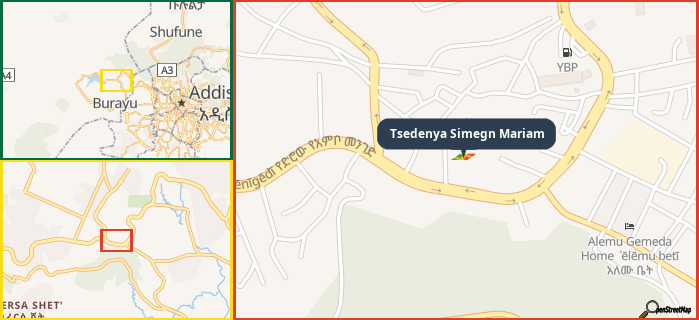 Map showing the address of Tsedenya Simegn Mariam in three different zoom levels.