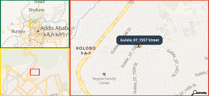 Map showing the address of Gulele_07_1557 Street in three different zoom levels.