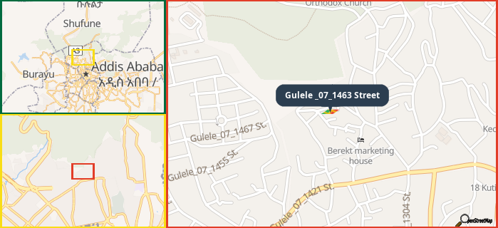 Map showing the address of Gulele _07_1463 Street in three different zoom levels.