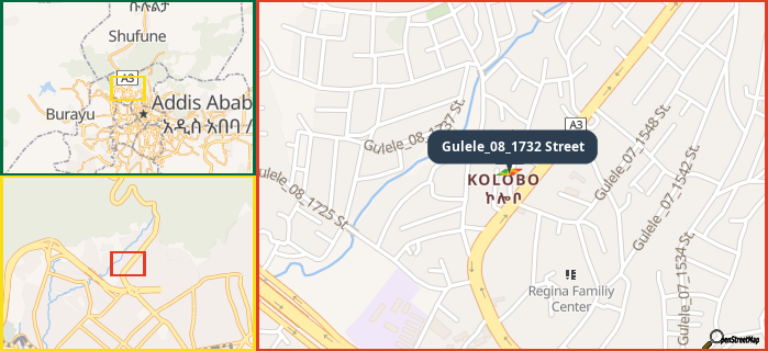 Map showing the address of Gulele_08_1732 Street in three different zoom levels.