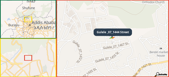 Map showing the address of Gulele _07_1444 Street in three different zoom levels.