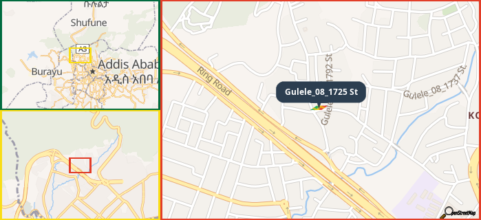 Map showing the address of Gulele_08_1725 St in three different zoom levels.