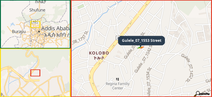 Map showing the address of Gulele_07_1553 Street in three different zoom levels.