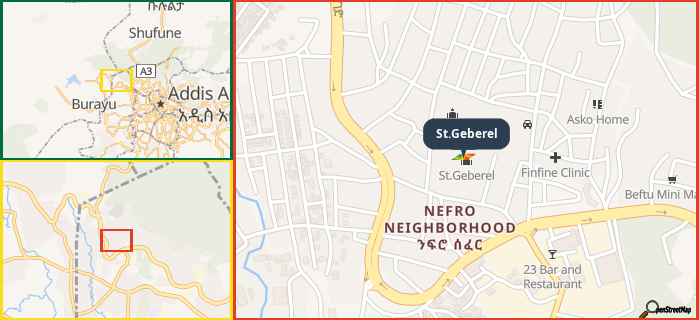 Map showing the address of St.Geberel in three different zoom levels.