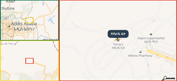 Map showing the address of የጤናዬ ቤት in three different zoom levels.