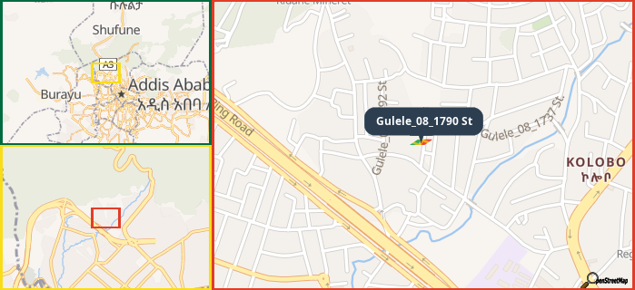 Map showing the address of Gulele_08_1790 St in three different zoom levels.