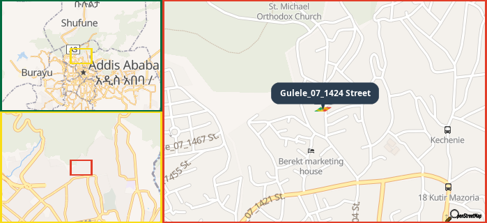 Map showing the address of Gulele_07_1424 Street in three different zoom levels.