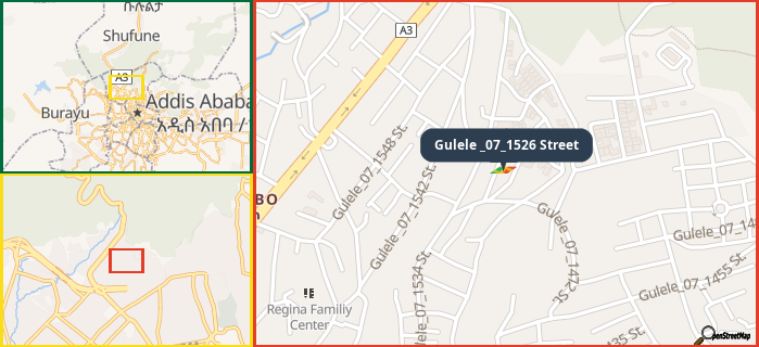 Map showing the address of Gulele _07_1526 Street in three different zoom levels.