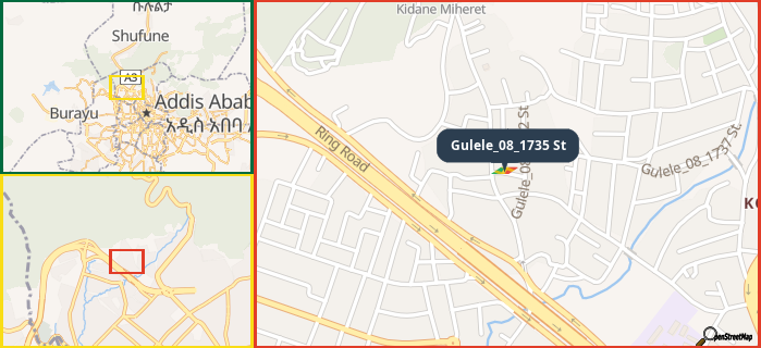 Map showing the address of Gulele_08_1735 St in three different zoom levels.