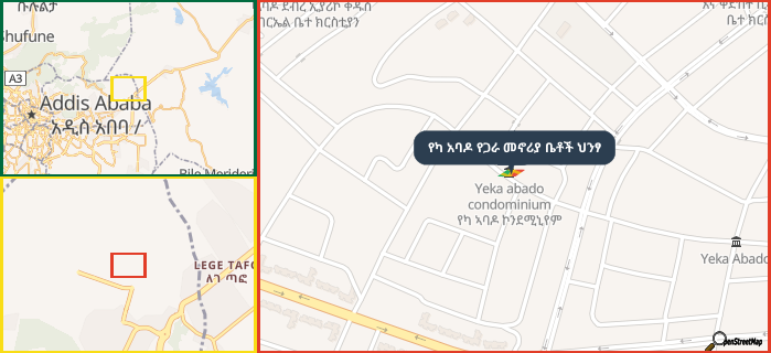 Map showing the address of የካ አባዶ የጋራ መኖሪያ ቤቶች ህንፃ in three different zoom levels.