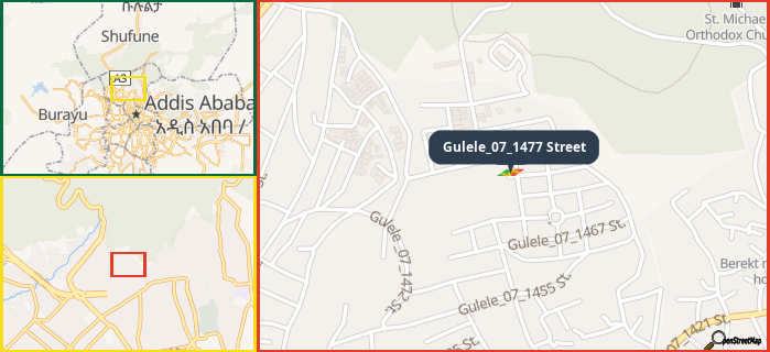 Map showing the address of Gulele_07_1477 Street in three different zoom levels.