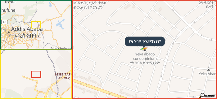 Map showing the address of የካ ኣባዶ ኮንደሚኒየም in three different zoom levels.